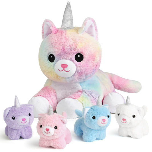 KIZZYEA plush unicorn kitty mommy belly open box, ideal for gifting and imaginative play.