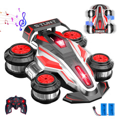 KJWEJOYRC remote stunt car performing 360-degree rotation on varied terrain for thrilling play.