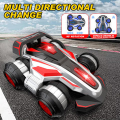 KJWEJOYRC all-terrain stunt car handles sand, lawn, and pavement for outdoor excitement.