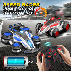 KJWEJOYRC stunt car flips 90 degrees and drifts on its side for versatile stunts.