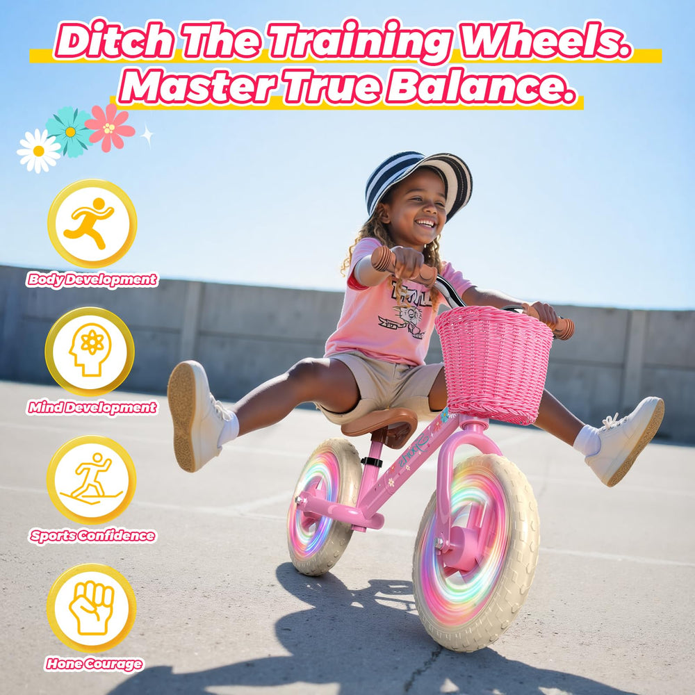 Kkdi balance bike basket adds space for dolls and snacks during outdoor adventures.