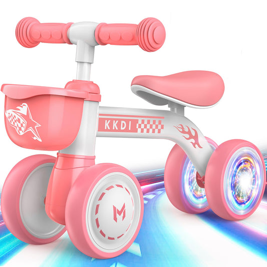 KKDI pink baby balance bike for safe toddler rides.