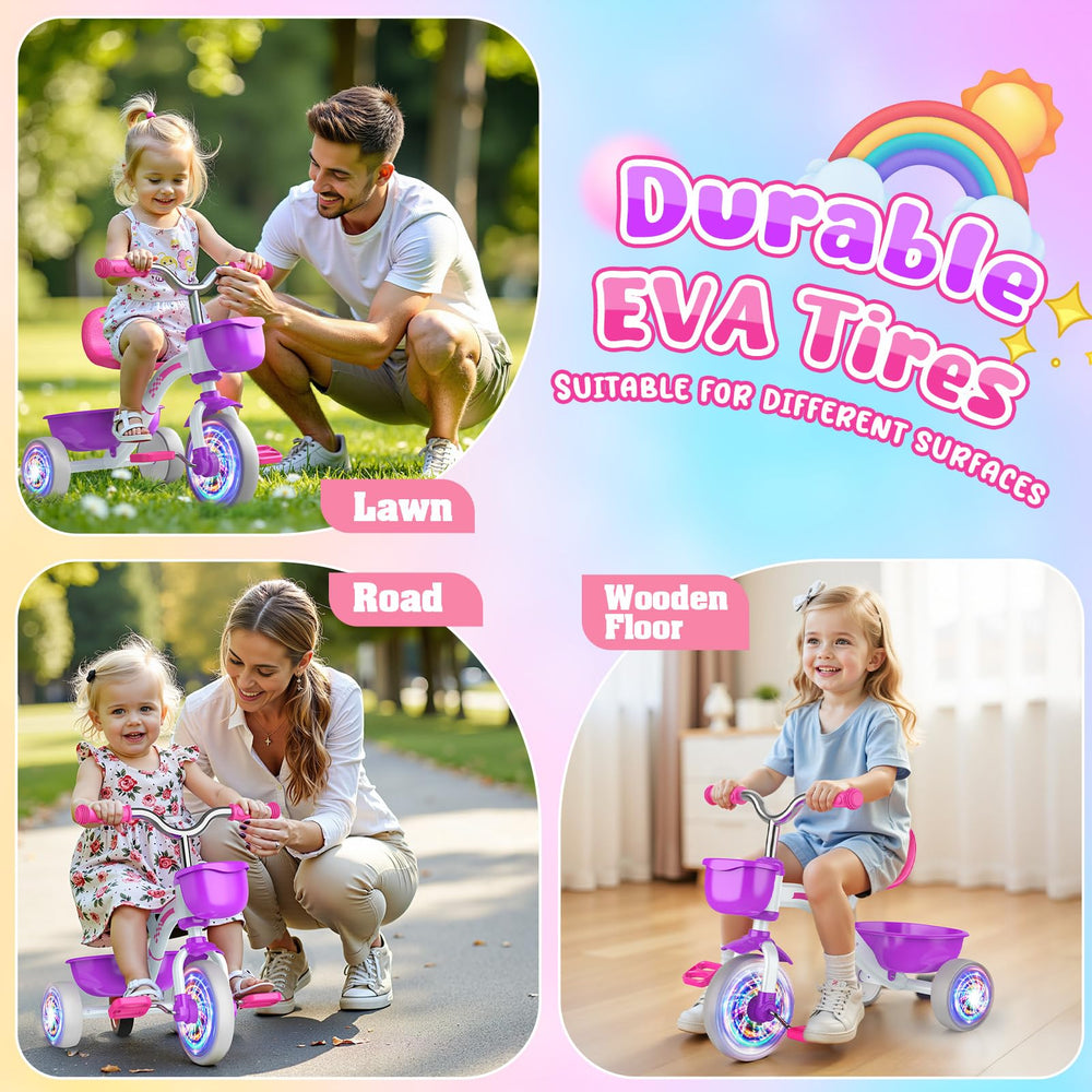 Kkdi safe-design tricycle includes non-slip handlebars and a 135-degree steering limit.