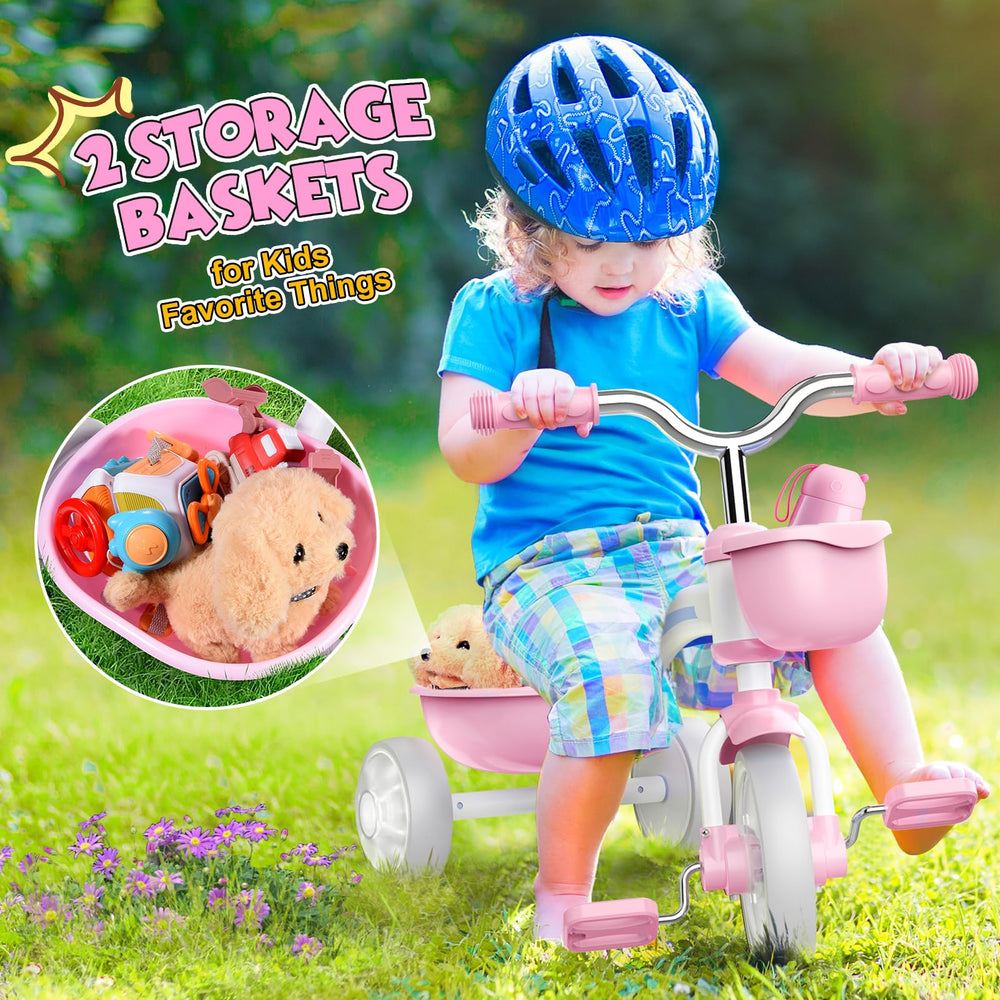 Kkdi Toddler Tricycle two baskets for snacks and toys.