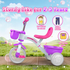 Kkdi toddler tricycle two storage baskets hold snacks and toys.