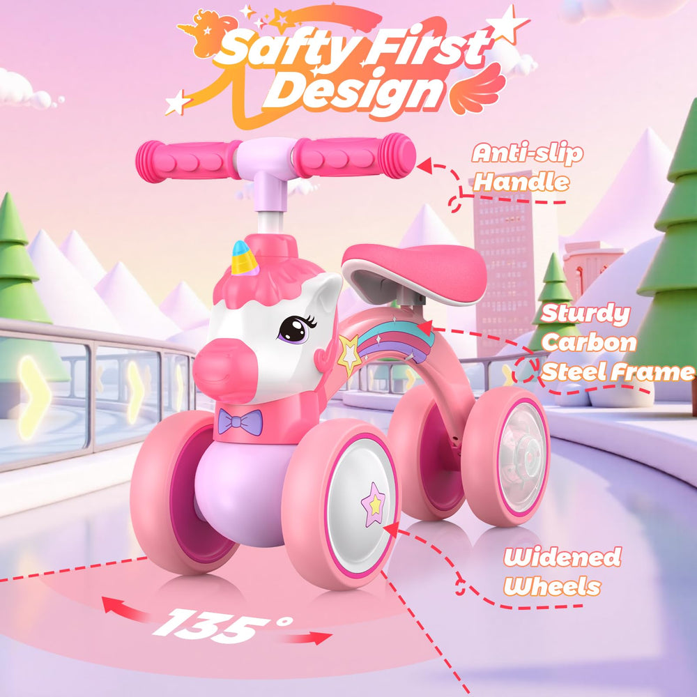 KKDI Unicorn Balance Bike 135-degree steering helps prevent tipping in busy yards.