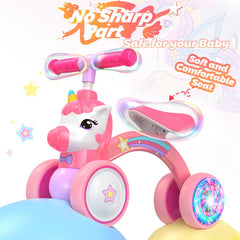 KKDI Unicorn Balance Bike soft seat and grips enhance comfort and control.