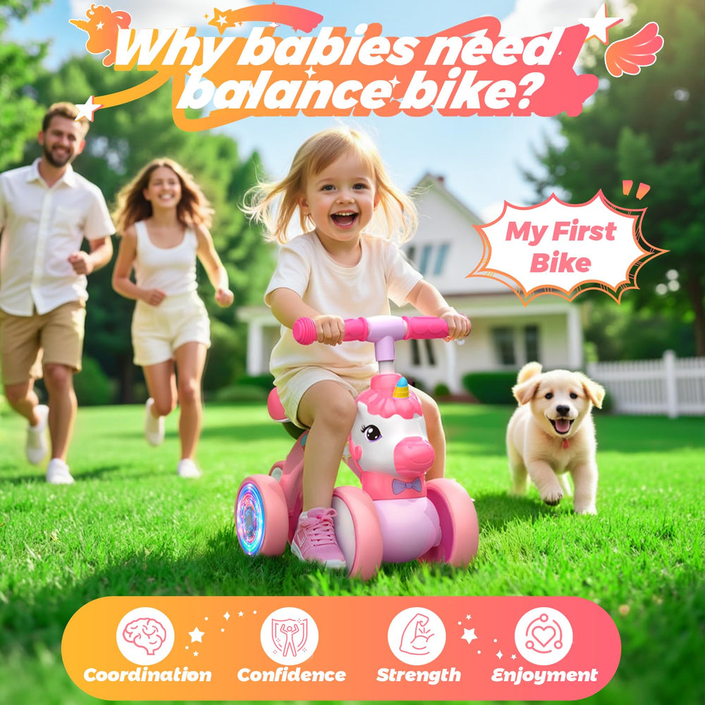 KKDI Unicorn Balance Bike with widened wheels provides stable rides on varied surfaces.