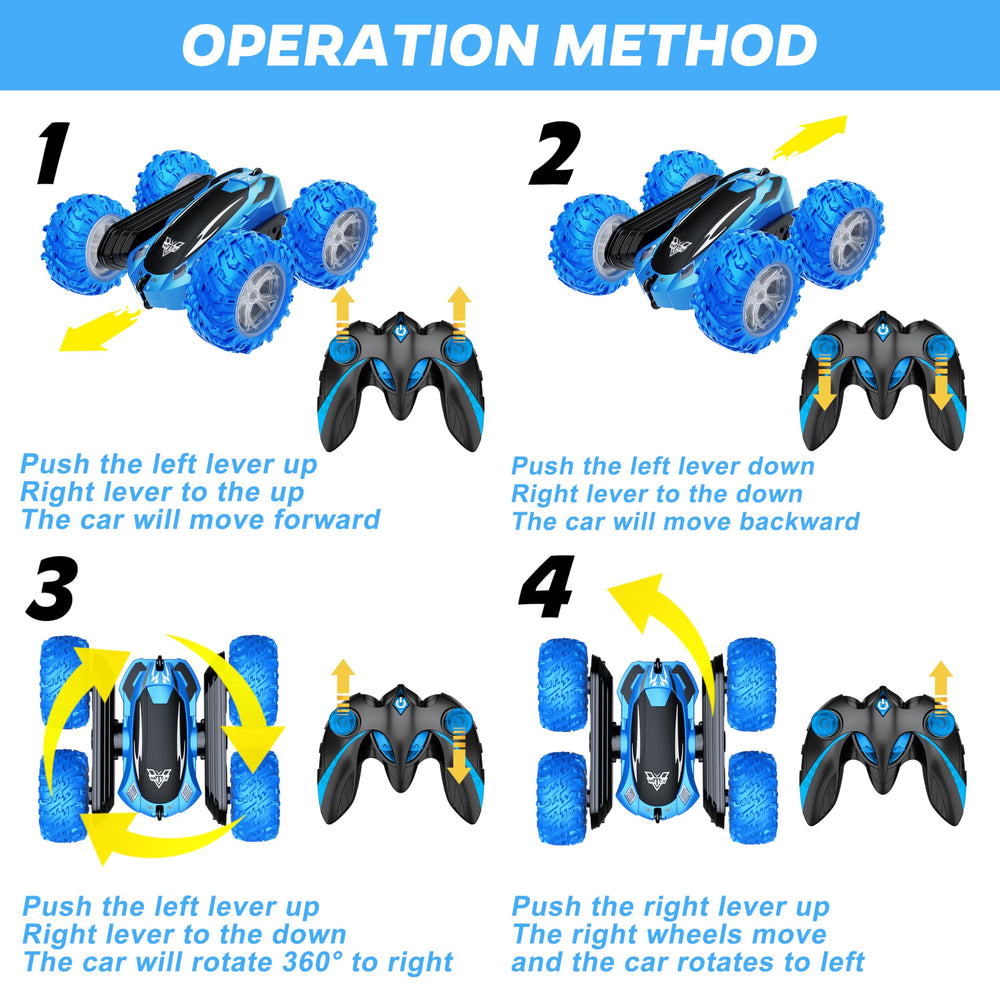KKONES remote-control car blue side view highlighting grip-ready rubber tires for outdoor use