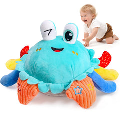 Kleikyerel crawling crab toy promotes reaching and tracking during playtime.