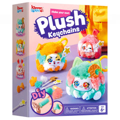 Klever Kits plush keychain kitty model demonstrates easy stitching for young crafters.