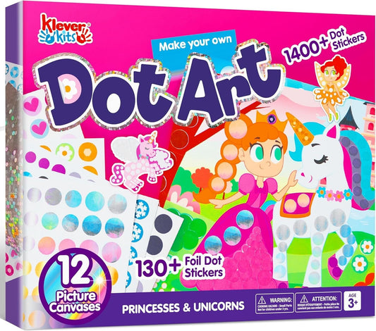 Klever Kits dot art unicorns canvases for imaginative play and fine motor skills.