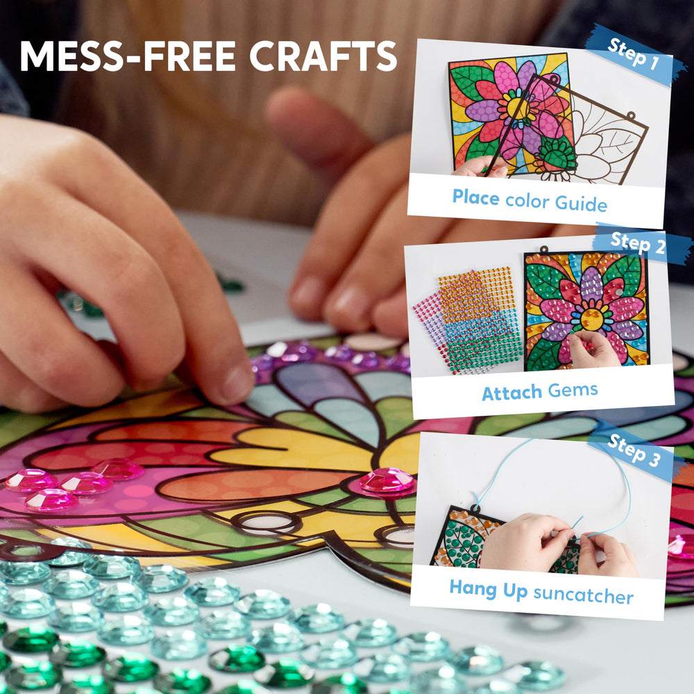 Klever Kits flower fan suncatcher inspires creativity with colorful gems.