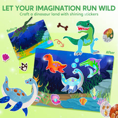 Klever Kits foil stickers show dinosaur designs to spark playful creativity.