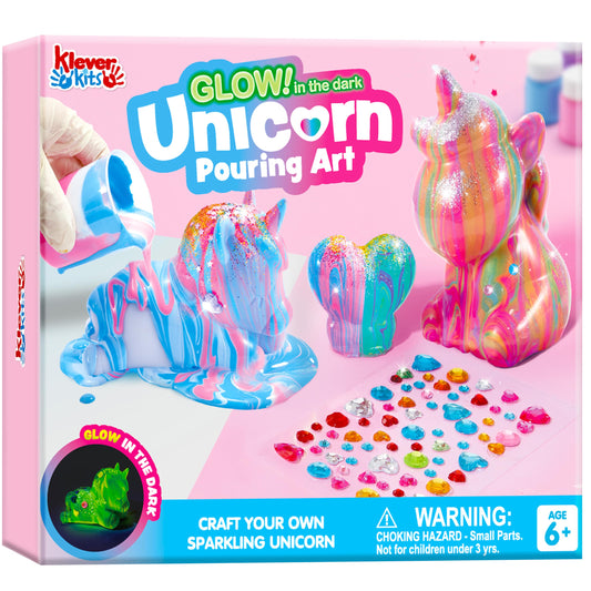 Klever Kits glow-in-the-dark unicorn paint pour kit glows under UV light for night-time art