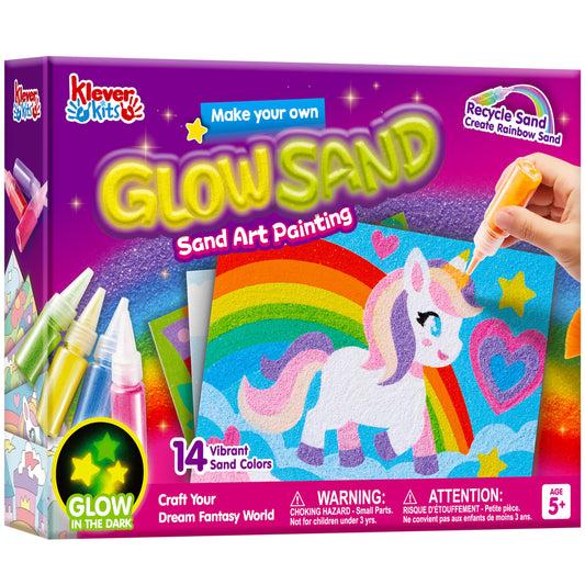 Klever Kits Glow Sand Art Bottles display vibrant colors for mess-free crafting.