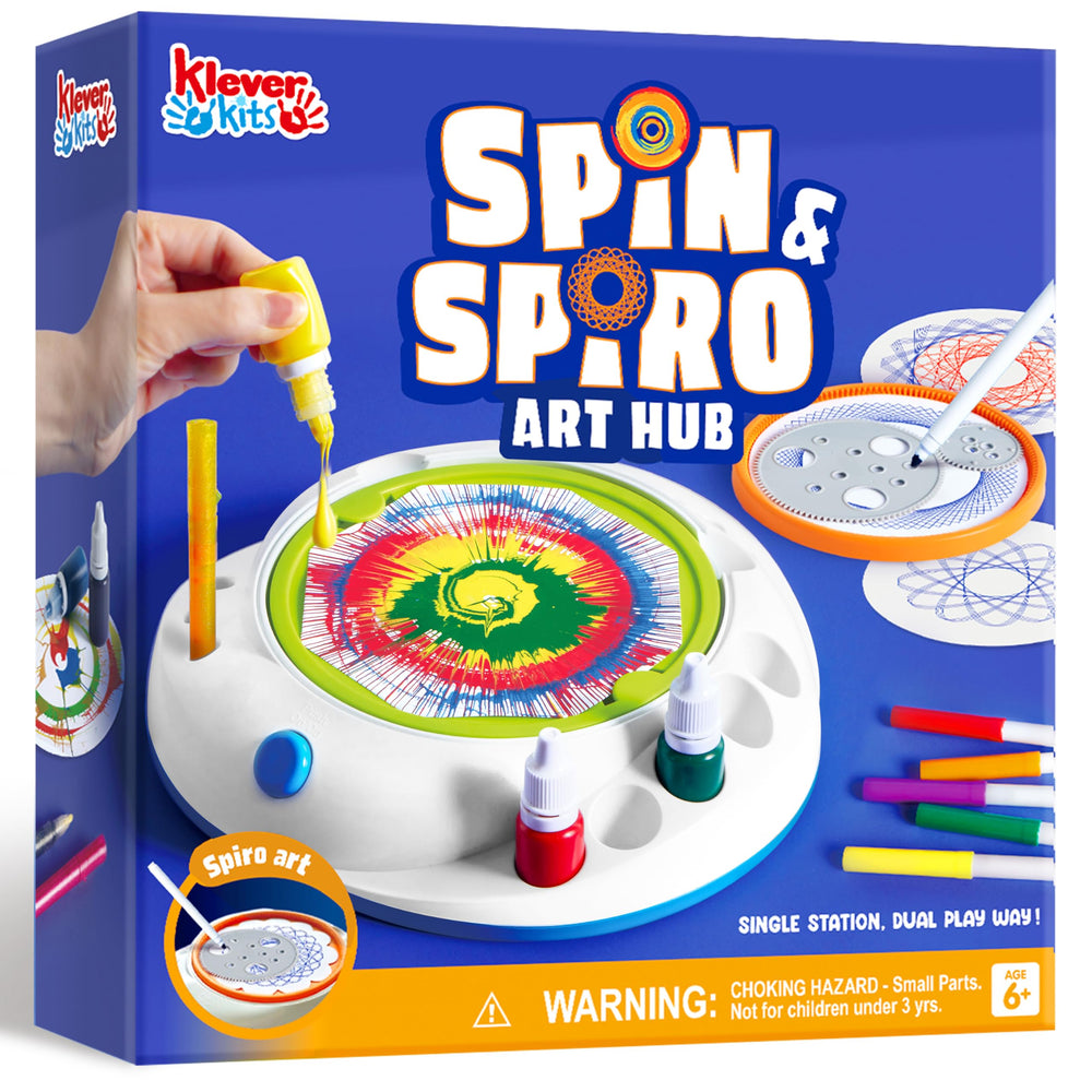 Klever Kits Spin Art station fuels creative play with vibrant colors.