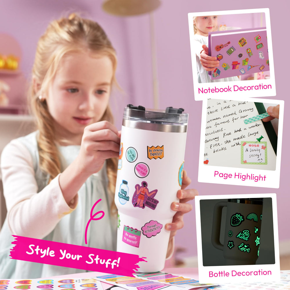 Klever Kits glow stickers on bottles and laptops for personal style