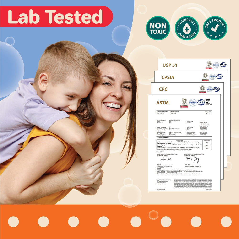 Klevly lab-tested bubble solution maintains consistent performance with toys.