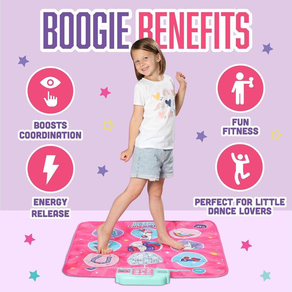 Klevly Unicorn Dance Mat lights up to reward steps and guide dancing.