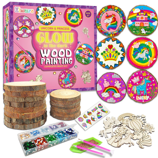 Klmars Unicorn Wood Painting Kit glow-in-the-dark on a table, sparking nighttime creativity.