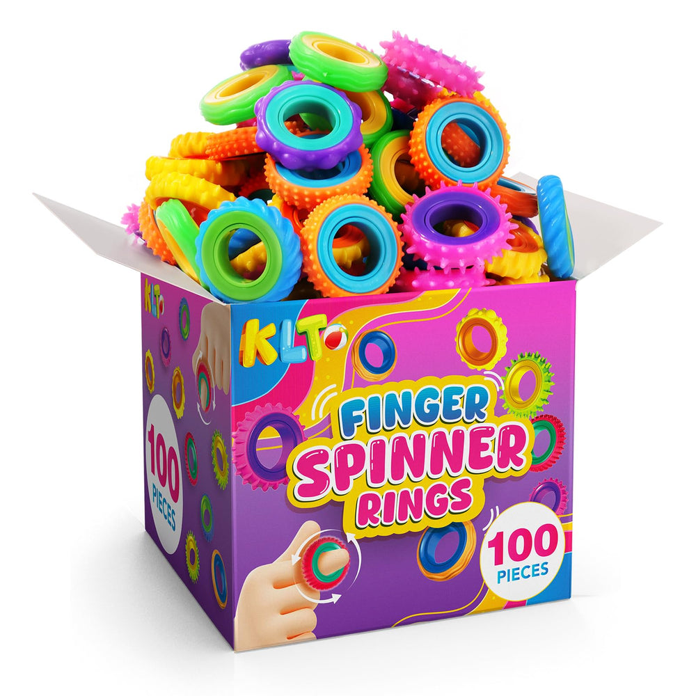 KLT Fidget Rings 100-pack bulk in assorted colors for classroom sharing and party gifts.