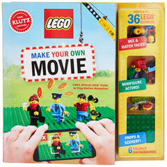 Klutz Lego Make Your Own Movie pack shot showing kit contents and colorful bricks