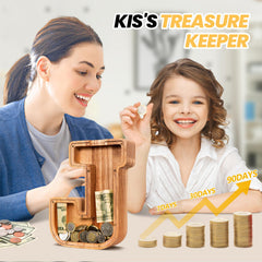 KMC wooden letter piggy bank close-up wood texture showing durable finish