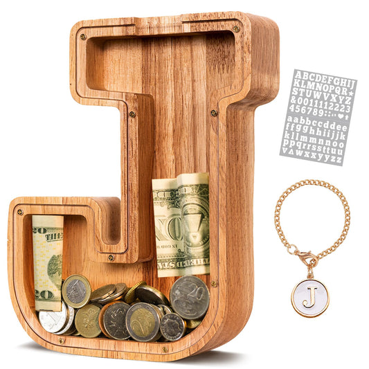 KMC wooden letter piggy bank front view with oak and initials
