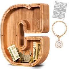 KMC wooden letter piggy bank in full view, showcasing a stylish savings solution.