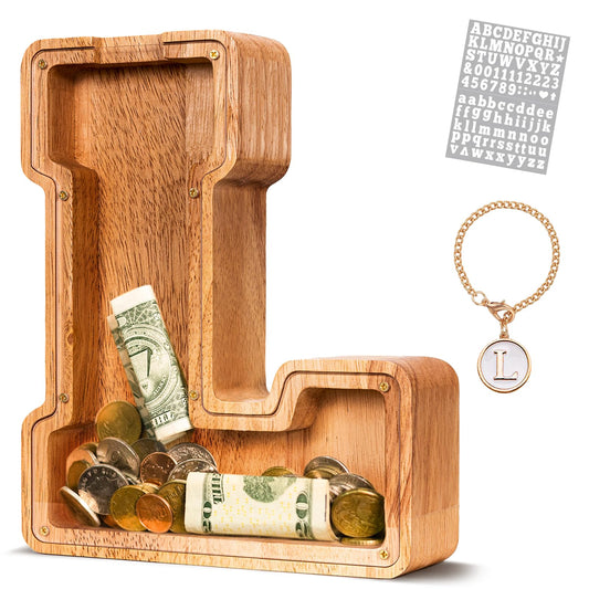 KMC wooden letter piggy bank with initial on front for a personalized savings keepsake.