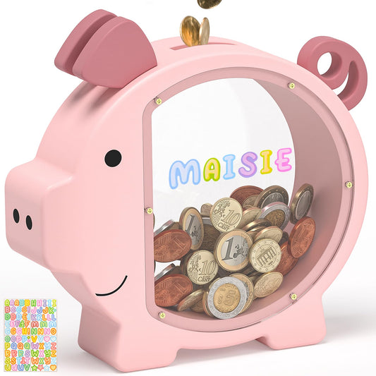 KMC wooden piggy bank pink front view with transparent panel showing savings progress