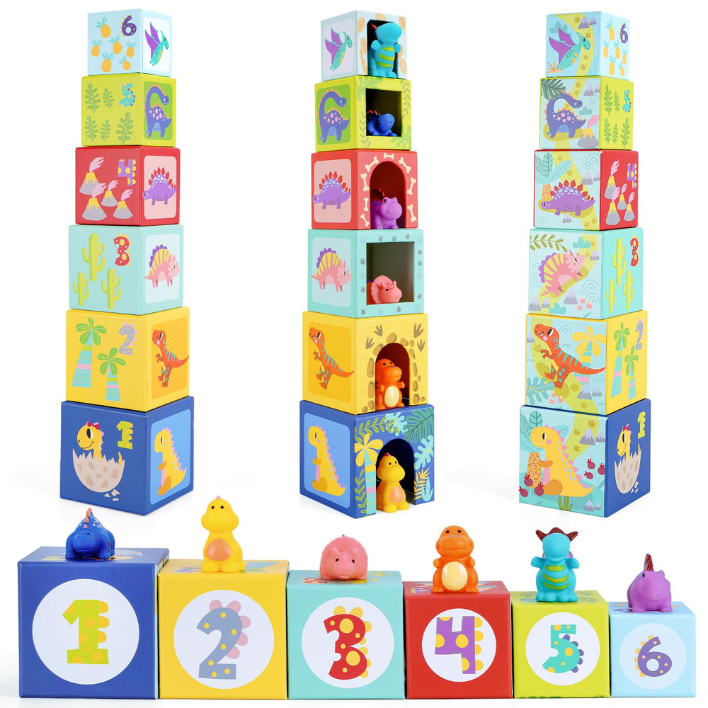 KMTJT Dinosaur stacking tower encourages problem solving and hand-eye coordination during play.