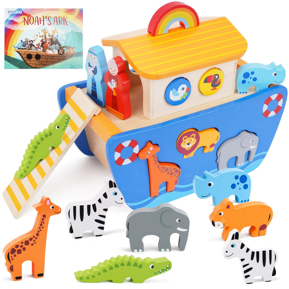 KMTJT Noah's Ark wooden toy set highlights the ark for durable toddler play.