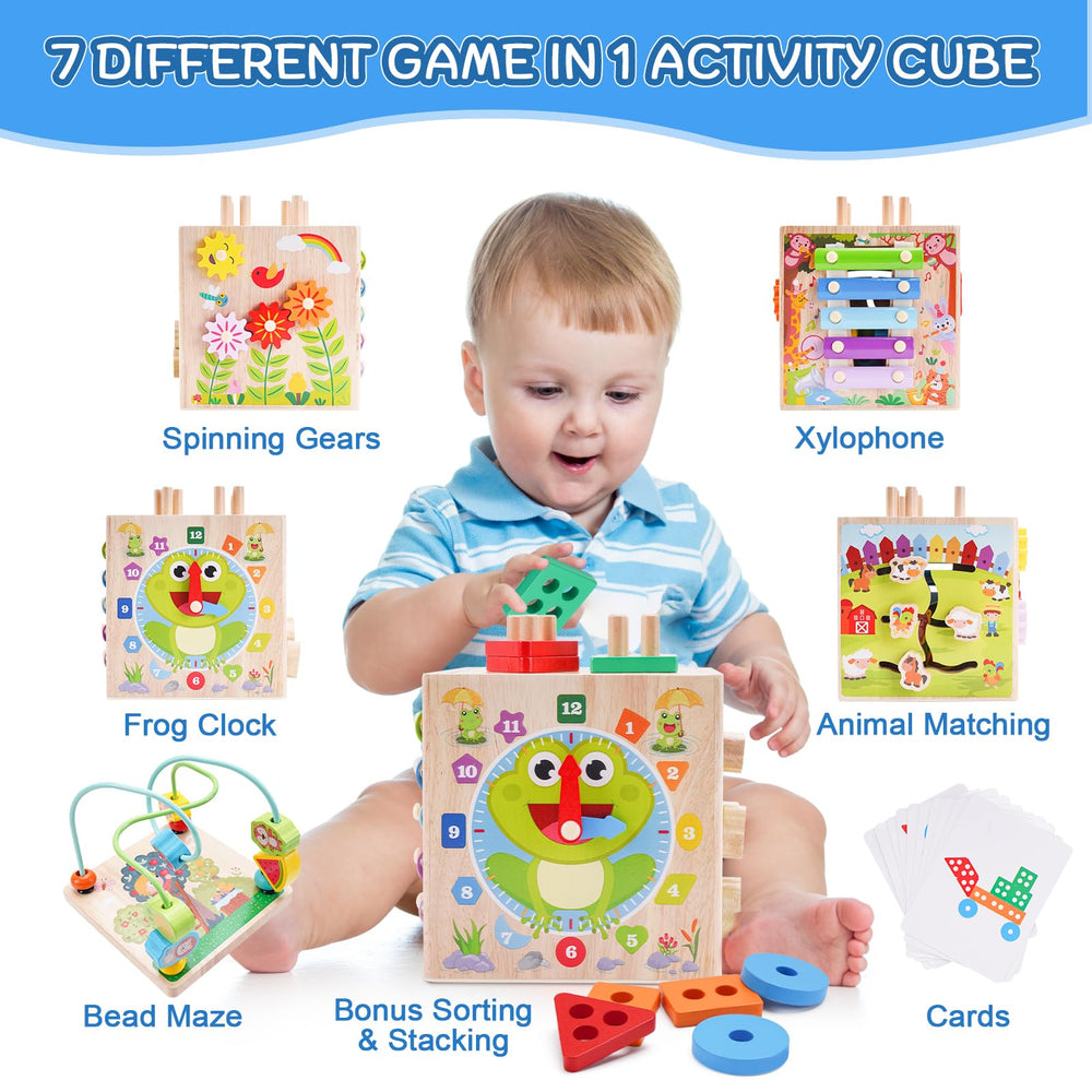 KMTJT wooden activity cube with baby xylophone for early rhythm and auditory play