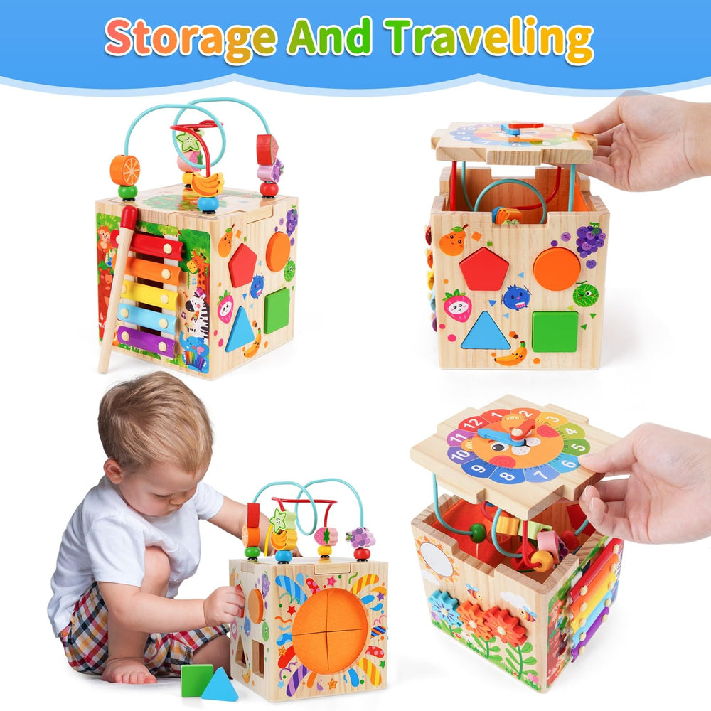KMTJT Wooden Activity Cube storage box design helps tidy up after playtime.