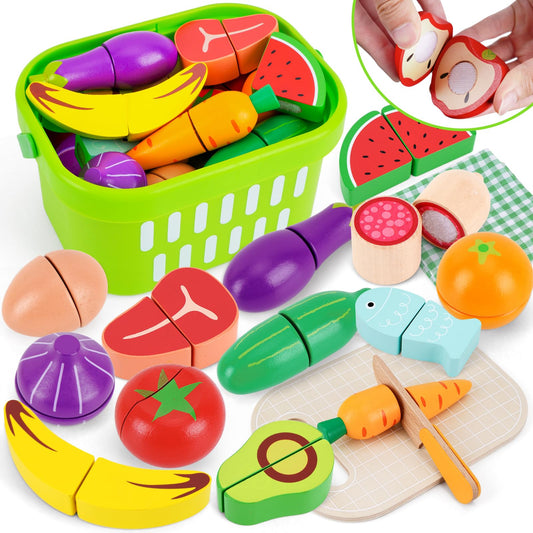 KMTJT wooden cutting food set vegetables on a cutting board promoting imaginative play and color learning.