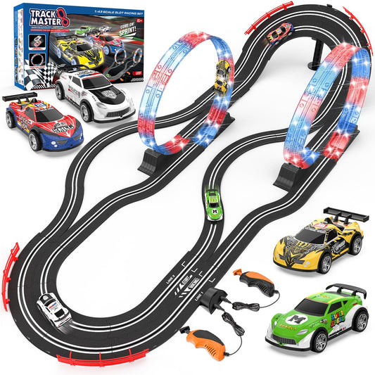 Kmuxilal Slot Car Track Set overview with long 19.7 ft layout for shared racing