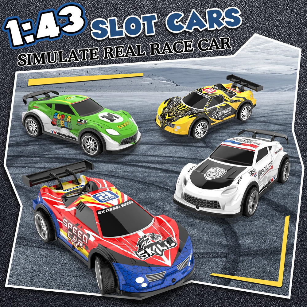 Kmuxilal four unique slot cars racing on LED-enhanced track