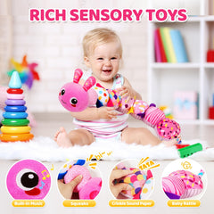 KMUYSL soft plush baby toy with visible internal rattle encourages listening skills.
