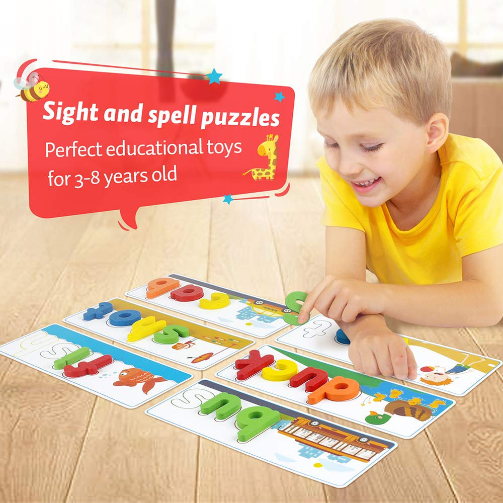 KMUYSL Wooden spelling blocks help kids practice letter recognition with hands-on building.