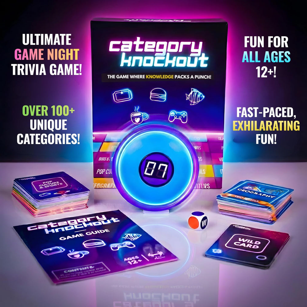 Knockout Games color dice and timer create dynamic turns for lively game sessions.