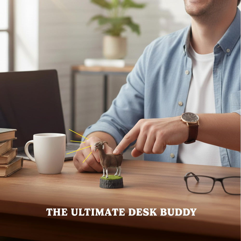 Knucklhead goat on desk in an office scene, ideal for coworkers.