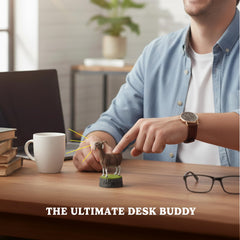 Knucklhead goat on desk in an office scene, ideal for coworkers.