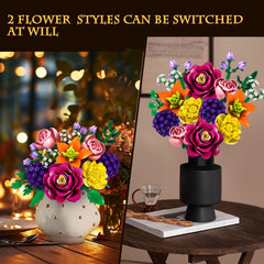 KOJAYHOL Flower Bouquet Building Block Set in a low-profile pot creates cozy desktop decor.