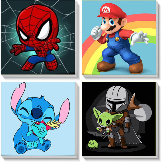 KOJEFCV four-pack cartoon paint by number with wooden frame, ready to hang for kids.