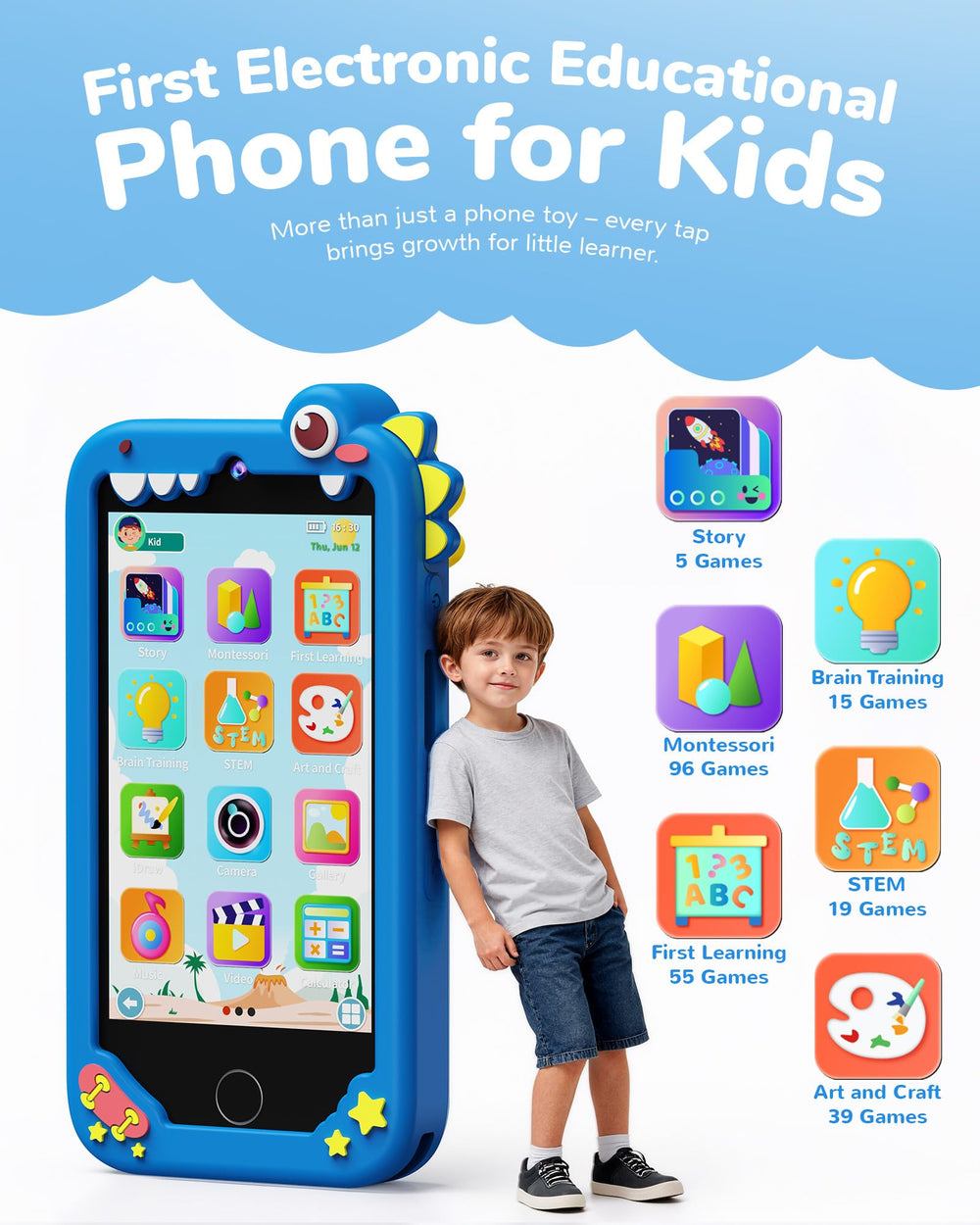 KOKODI 4-Inch kids phone back view with dino design for on-the-go learning