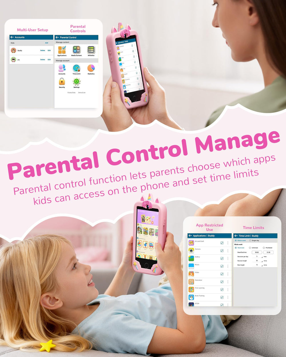 KOKODI parental control UI helps parents manage apps and screen time.