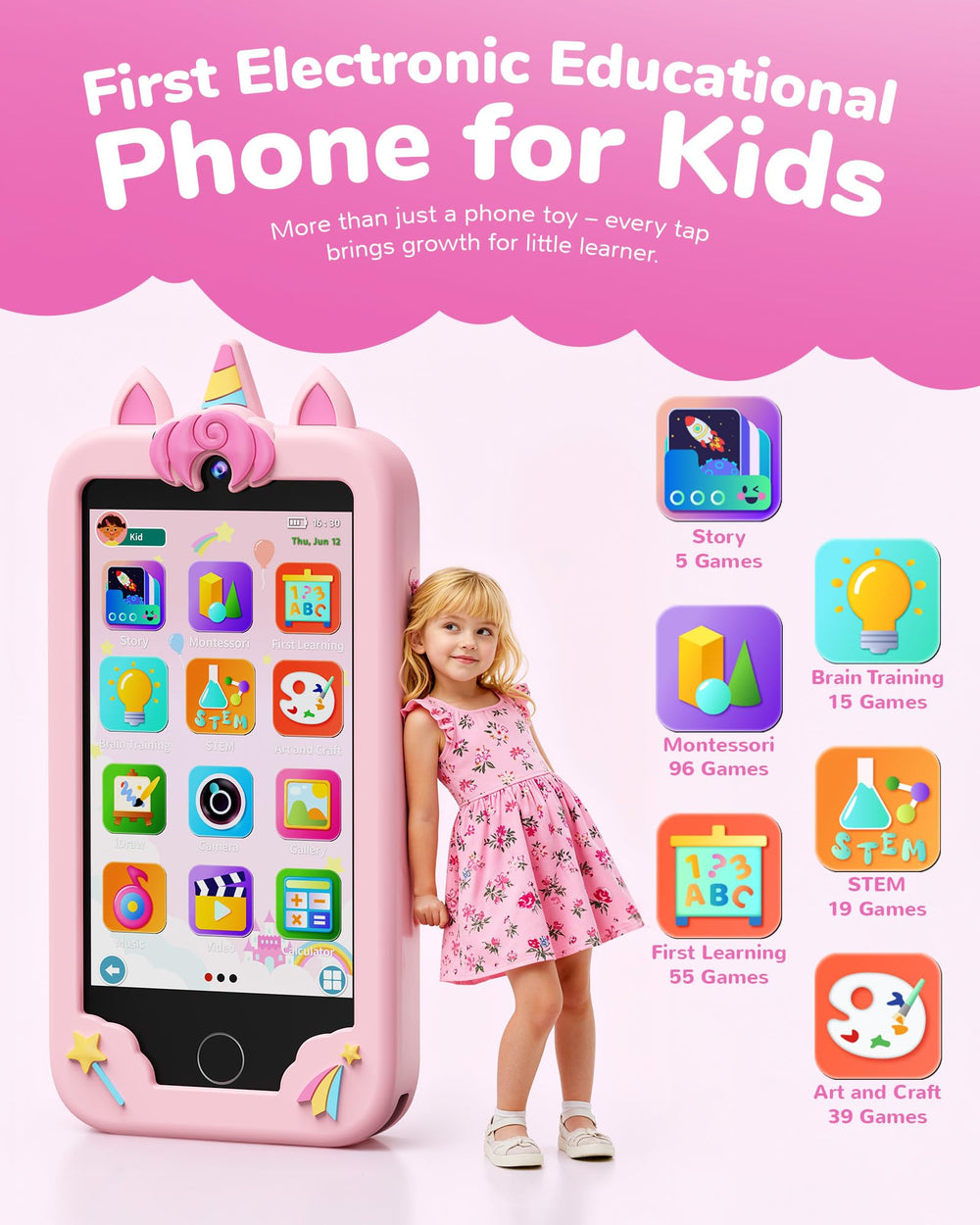 KOKODI 4-inch screen display highlighting a kid-friendly touchscreen for learning.