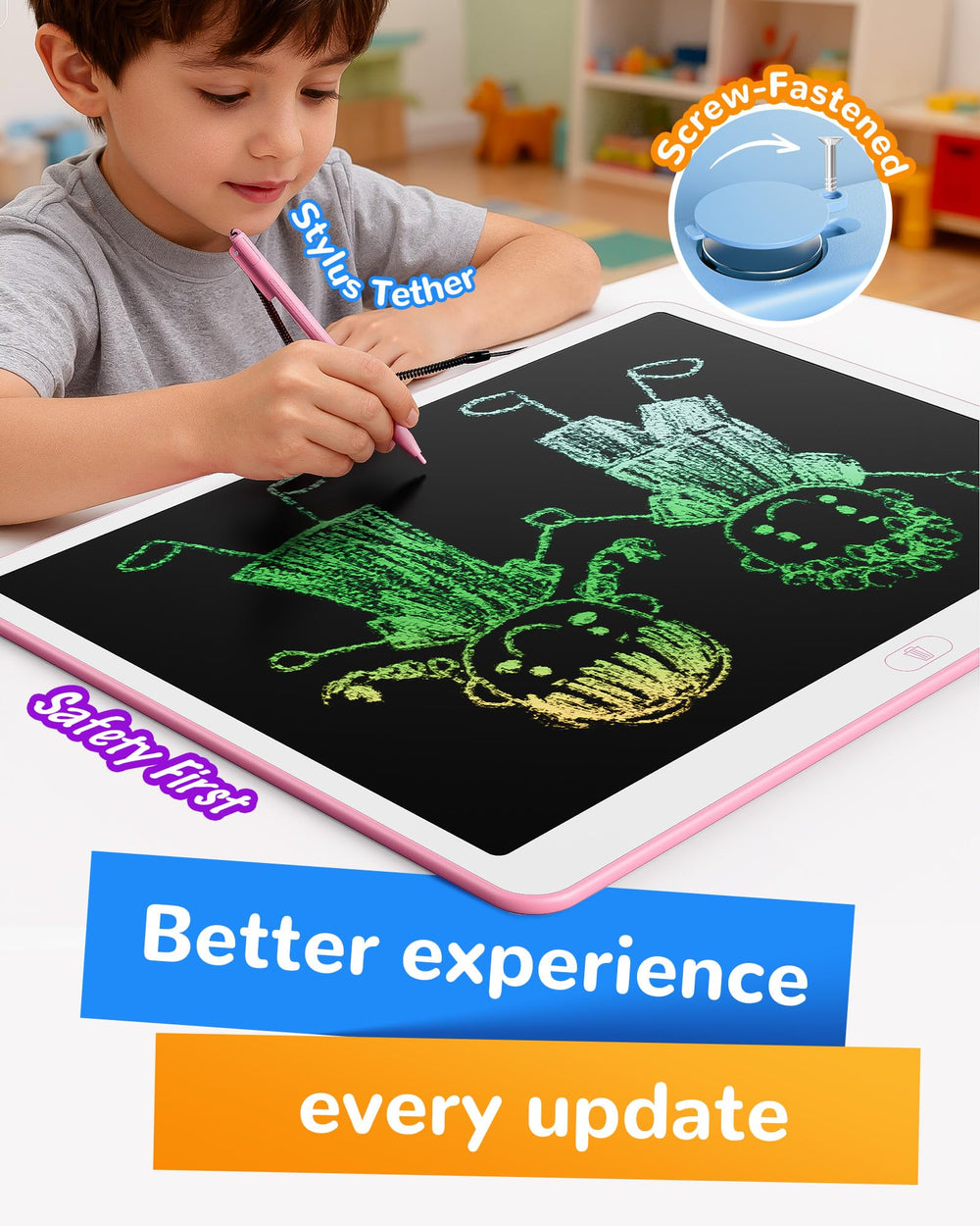 KOKODI colorful doodle board for kids with vibrant strokes during playtime.